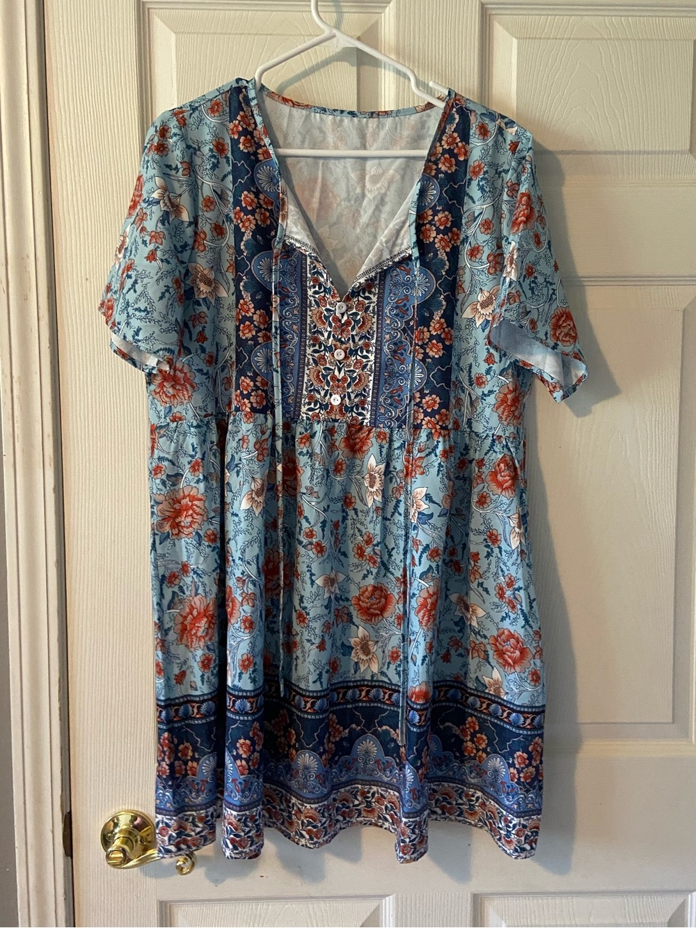 Light Blue Floral V-Neck Boho Tunic Dress